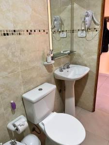 uma casa de banho com um WC, um lavatório e um chuveiro em Alojamiento Coihueco em Malargüe