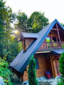 uma cabana na floresta com um telhado de metal em Cozy Cabin in the Woods em Brezovicë