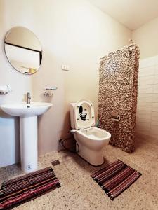 ein Badezimmer mit einem WC, einem Waschbecken und einem Spiegel in der Unterkunft Hidden Valley in Siquijor