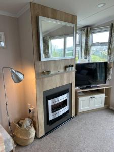 a living room with a fireplace and a tv at High View in Torquay