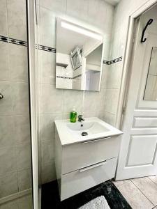 een witte badkamer met een wastafel en een douche bij GREENWOOD CHATOU - 1 chambre - 4 Pers - Wifi in Chatou