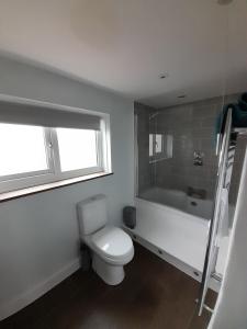 a bathroom with a toilet and a bath tub and a window at Daisy Cottage in Warminster