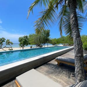 a swimming pool with a palm tree and the beach at SABAI Beach in Barú