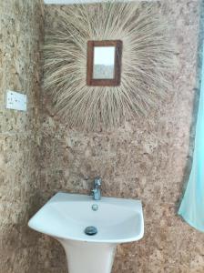 SECRET PLACE HOTEL by HELLO TANZANIA TOURS& SAFARIS في Makunduchi: حمام مع حوض ومرآة على الحائط