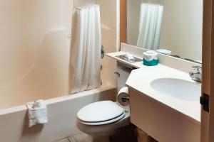 La salle de bains est pourvue de toilettes, d'un lavabo et d'une douche. dans l'établissement Starkville Inn & Suites, à Starkville