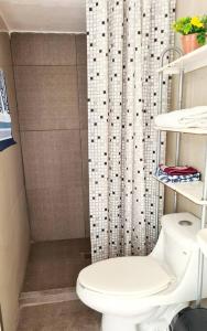 a bathroom with a toilet and a shower curtain at Alojamiento completo en el centro in Veracruz