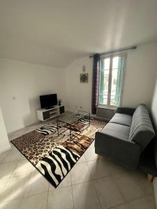 - un salon avec un canapé et un tapis zébré dans l'établissement PR2e, au Blanc-Mesnil