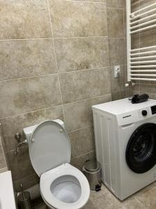 uma casa de banho com um WC e uma máquina de lavar roupa em CozyStudio10 em Roşu