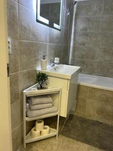 uma casa de banho com um lavatório e uma banheira em CozyStudio10 em Roşu