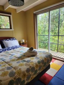 een slaapkamer met een bed en grote ramen bij Kalas Cabañas in Puerto Varas