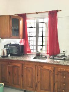 een keuken met een wastafel, een magnetron en rode gordijnen bij SALO&WALTHER in San Martín