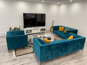 a living room with two blue couches and a tv at Mama Gol in Richmond Hill