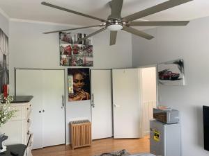 a ceiling fan in a living room with two closets at Little Paris Eiffel Tower Suite in Owings Mills