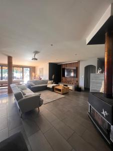 una gran sala de estar con sofás y TV. en Maison en bois , plein pieds,piscine privative en Lavelanet