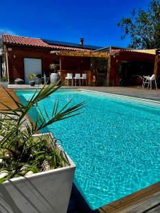 una piscina frente a una casa en Maison en bois , plein pieds,piscine privative en Lavelanet