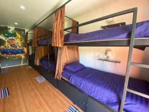 2 stapelbedden in een kamer met paarse lakens bij Pai circus hostel in Pai