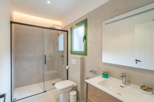 a bathroom with a shower and a toilet and a sink at Paredones III Casa Rural Caminito del Rey in Alora