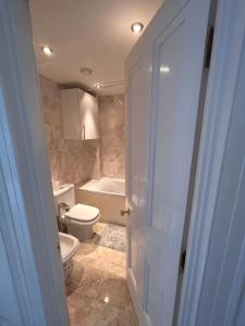 uma casa de banho com um WC, um lavatório e uma banheira em A sunny flat near town centre em Brighton & Hove