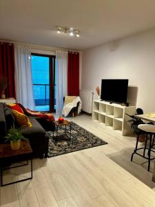 un soggiorno con divano e TV di Apartament Centrum, miejsce parkingowe w cenie a Varsavia