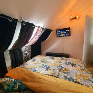 a bedroom with a bed with a colorful comforter at Appart Angel in Saint-Benoît