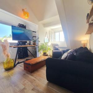 a living room with a couch and a flat screen tv at Appart Angel in Saint-Benoît