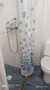 einen Duschvorhang im Bad mit WC in der Unterkunft 1 комнатные апартаменты возле ст. метро Москва in Almaty