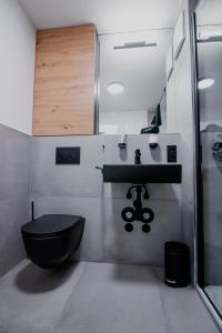 baño con aseo negro y lavamanos en KOCAK - Exklusives Apartment in Zentrumsnähe, en Reutlingen