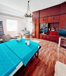 a large bedroom with a blue bed and wooden cabinets at River Side Belgrade in Sajmište +13 photos