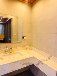 een badkamer met een wastafel en een spiegel bij شقق الياسمين 2 in Jerash