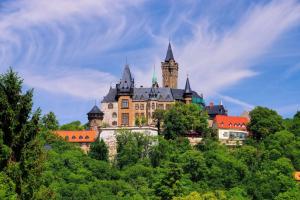 un château sur une colline avec des arbres devant elle dans l'établissement FeWo Schlossblick #Innenstadt #Garten #Netflix von Harztraveler, à Wernigerode