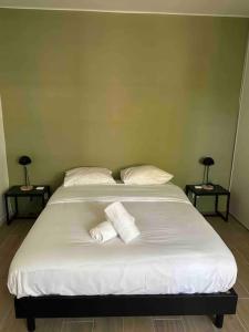uma cama branca com duas toalhas em cima em L' Indus Saint Cyprien - T3 - Métro - 4 à 8 Pers em Toulouse