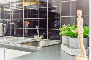 a kitchen counter with a sink and two manicans at Knightsbridge Stylish Two Bedroom Apartment in London