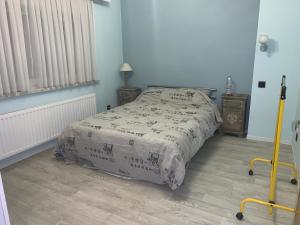 a bedroom with a bed with a blanket on it at Chambre dans habitat partagé chez Séverine in Nivelles