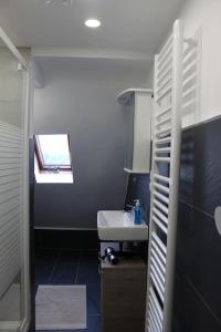 a small bathroom with a sink and a window at Bei Wiesbaden- ganze Suite mit eigenem Bad & Küche - Parkplatz 
