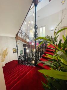 een rode trap met vloerbedekking en een rode loper bij Hôtel De La Loge in Perpignan