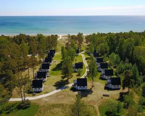 an aerial view of a park with trees and the ocean at Sudersand Resort in Fårö
