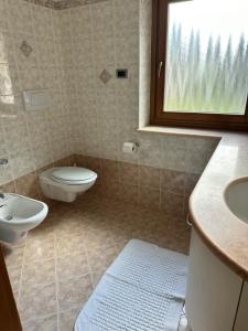 uma casa de banho com um WC, um lavatório e uma janela em ciasa de epi em Pera