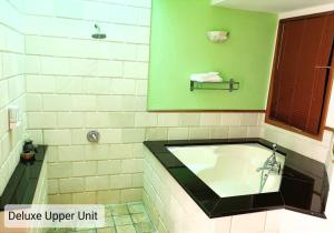 a bathroom with a tub with a green wall at Alpine LXPD Water Chalet in Port Dickson