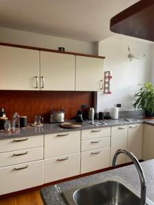 a kitchen with white cabinets and a sink at LOFT 11 - Anja's Talot in Monza