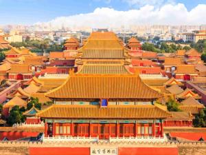 an aerial view of the forbidden city in beijing at Happy Dragon City Culture Hotel -In the city center with ticket service&food recommendation,Near Tian'AnMen Forbidden City,Wangfujing walking street,easy to get any tour sights in Beijing in Beijing