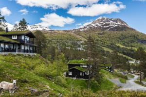 a house on a hill with a mountain in the background at Mountain Lodge by Homes & Villas in Stryn