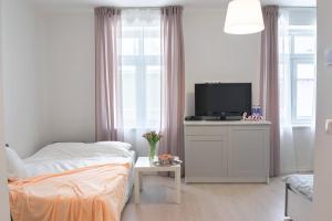 派尔努Kalamehe Modern Apartment 1 near City center的一间卧室配有一张床,并在橱柜上配有电视