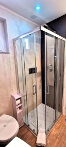 a glass shower in a bathroom with a toilet at B&B Il Vico del Greco in Le Castella