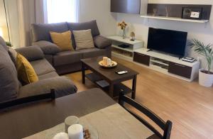 sala de estar con sofá y TV en Apartamentos Turísticos Clavero 1, en Plasencia