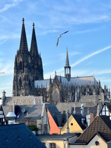 a bird flying over a city with a cathedral at Altstadthotel Hayk am Rhein in Cologne