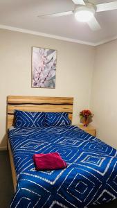 a bedroom with a blue bed with a red pillow on it at Kalgoorlie Accommodation in Kalgoorlie
