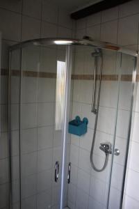 a shower in a bathroom with a glass door at Ferienhaus Strandnah - Wohnung 1 in Otterndorf