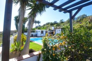 een uitzicht op een huis met een zwembad en palmbomen bij Los Boleros in Barlovento