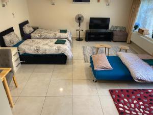 a living room with two beds and a flat screen tv at Studio flat Gants Hill with Free Parking in Redbridge