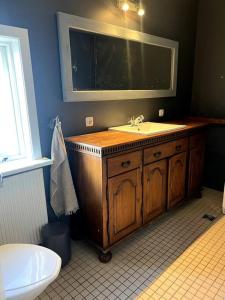 a bathroom with a sink and a toilet at Guesthouse 10 min from Airport. in Njarðvík